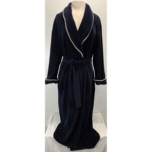 Vtg Diamond Tea Velvet Velour Robe Sz Medium Women's Navy Corded Trim Long Heavy